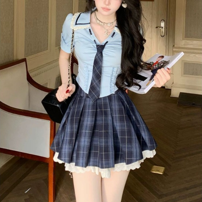 Women'S Y2K Fashion Aesthetic - プレッピースタイル ダークスリム ツーピースセット レディース タイシャツ +