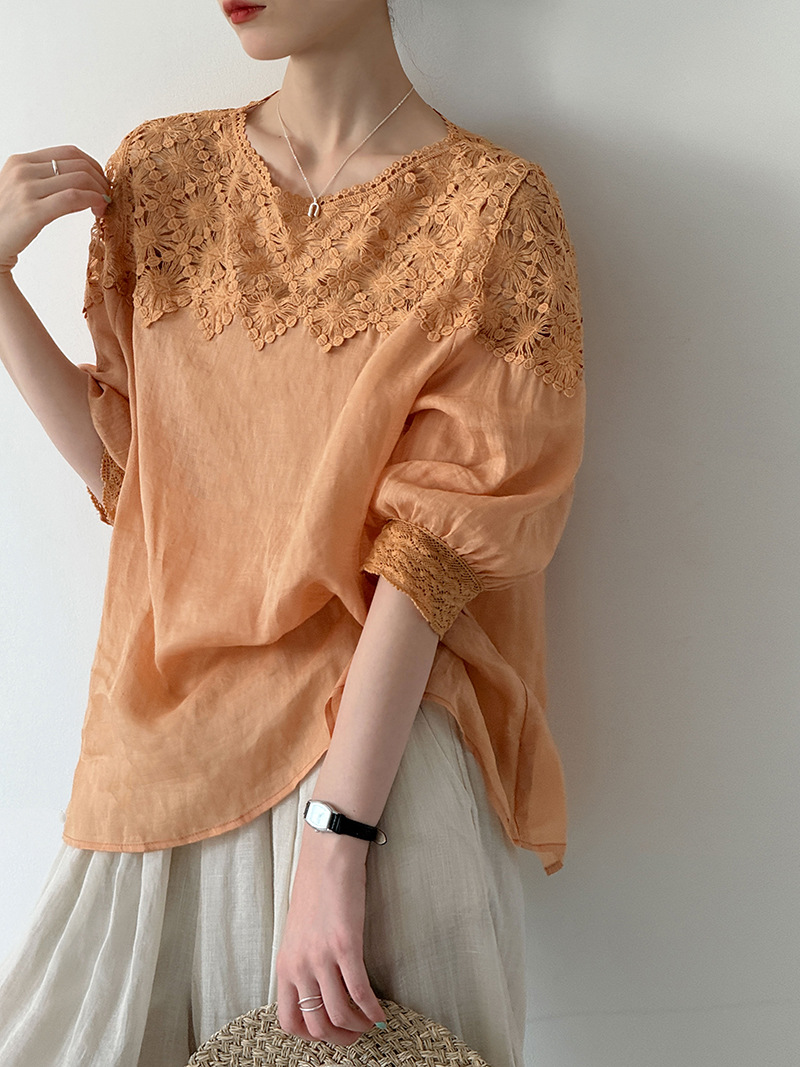 Women'S Fashion For Summer 2026 - 2026 女性夏 100% リネンブラウス半袖薄いファッションレディーストップスとブラウスファッションシャツ Blusas Roupa