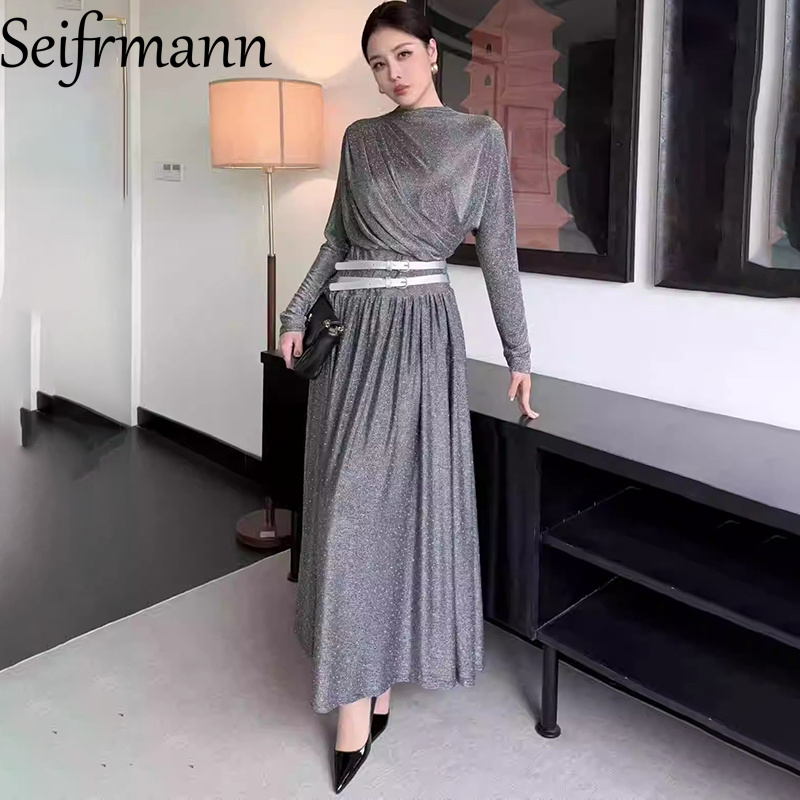 Women'S Fashion Gilded Age - Seifrmann 2026 春の女性の新しいファッショナブルなラウンドネック長袖金メッキベルトウエストシンチングロングドレス