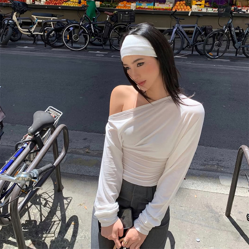 Women'S Fashion Winter 2026 - 2026年 レディース ワンショルダートップ 長袖Tシャツ アシンメトリー ラッフル