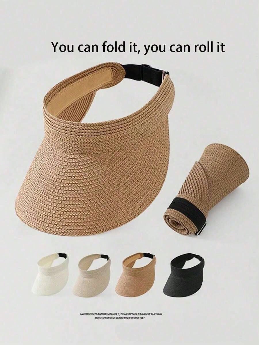 Women'S Fashion Hats - 1pc ファッションストローバイザー女性用つば広帽子ロールアップ折りたたみ式夏ビーチバイザーハット