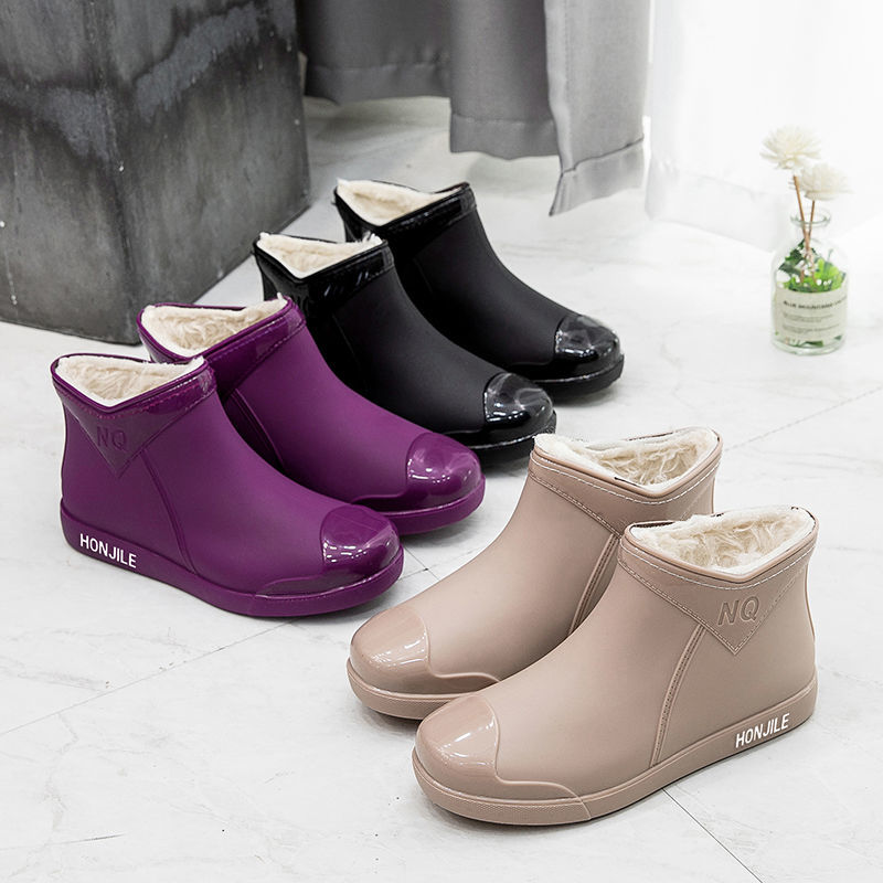 Women Fashion Online - 新しいレインラバーブーツレディースファッションガロッシュパープル暖かい毛皮裏地付きレインシューズ女性のソフトスリップオンアンクルブーツ豪華なレインブーツ