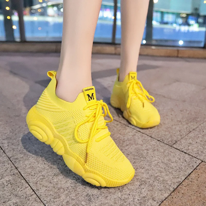 Women'S Yellow Fashion Sneakers - 女性の通気性のあるメッシュスニーカー,ファッショナブルなスニーカー,プラットフォーム付き,風通しの良いスニーカー