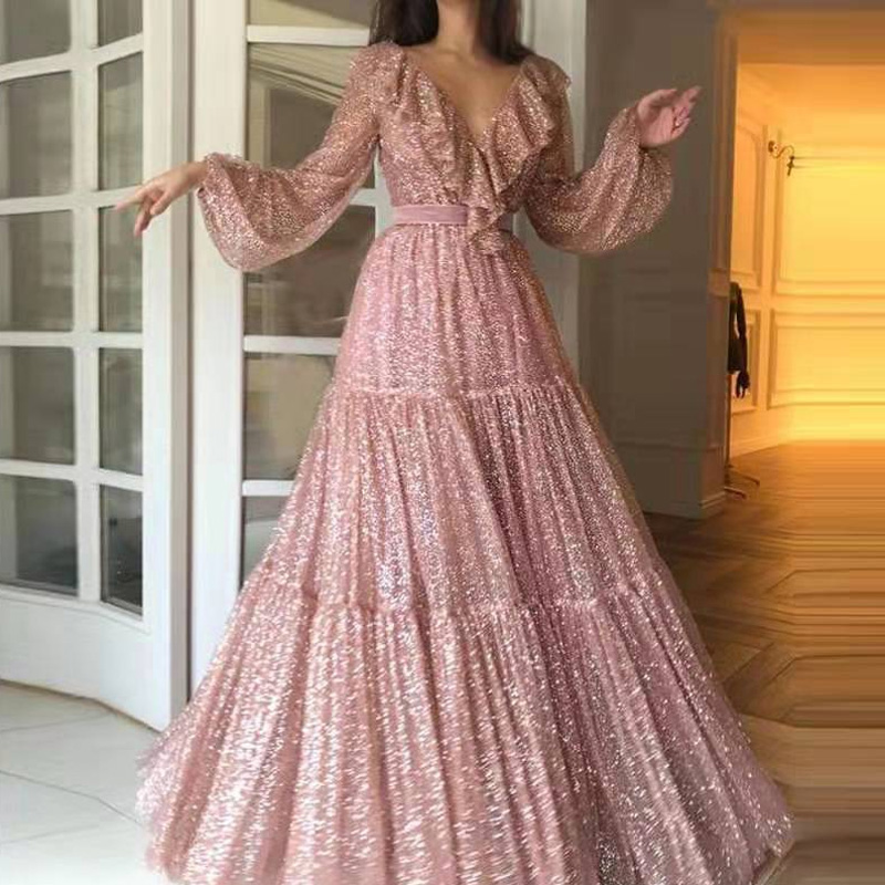 Women'S Fashion Gilded Age - 女性のためのメッシュのイブニングドレス,新しいファッショナブルなニットドレス,フリル付きの長袖,プリーツのパッチワーク,ピンクのプリンセスドレス