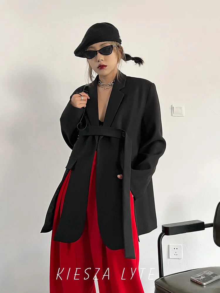 Blazer Women Oversized - 女性のためのストリートスタイルのブレザー,創造的なデザイン,ベルト付きのウエスト,ヨーロッパ,アメリカとアメリカンスタイル,新しいコレクション,2024