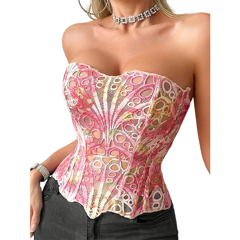 Corset Top Boned - セクシーなボーン入りガーメントコルセット、透け感のあるメッシュ素材の通気性コルセット、セクシーなトップス、中空の不規則なレース、二重層シェイプウェア、シックなキャミソールトップ