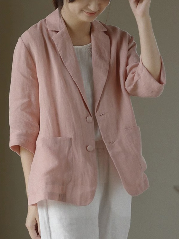 Blazer Women Oversized - カジュアルルーズレディースリネンスーツジャケットスモールアウターウェアピュアカラーコットンリネンボタンテールトップレディースアウターウェアコート