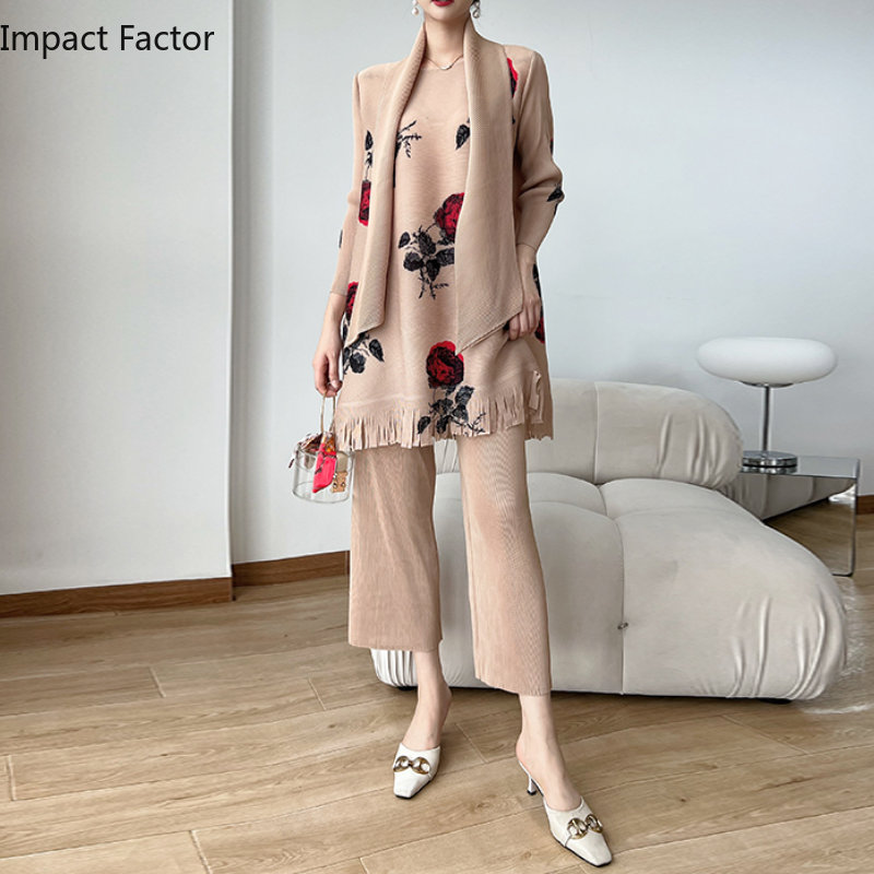 Women'S Fashion Show 2022 - 女性用スリーハウスプリーツプリントファッションセット、エレガント、リラックス、スリム、2ピース、高品質、新しい春、2022