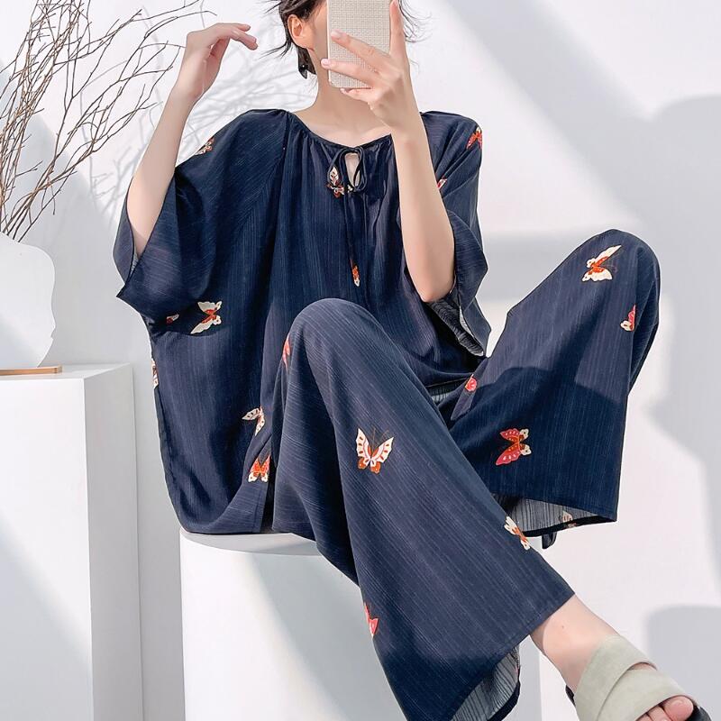 Women'S Fashion For Summer 2026 - 2026年春夏新作 レディース クールで快適なスリープウェアセット ファッションプリント ルーズワイドレッグパンツ ラージサイズ