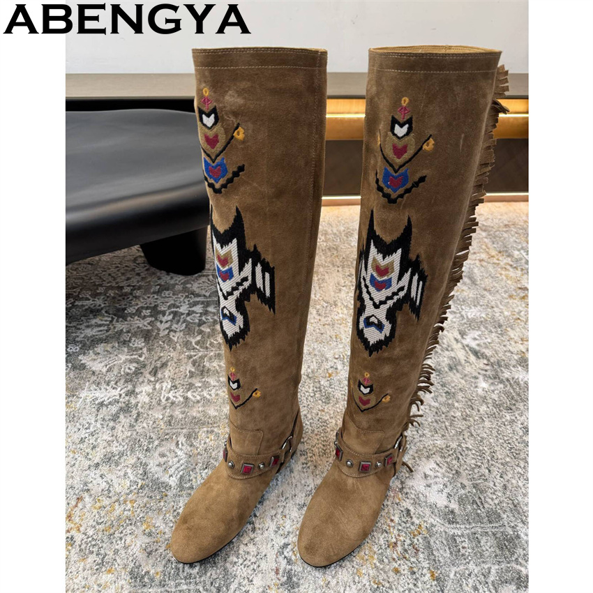 Women'S Fashion Winter 2026 - ABENGYA 2026 冬の新ニーハイブーツ女性スエードレザータッセル刺繍フラットロングブーツクラシックファッションウィークブーツ Mujer
