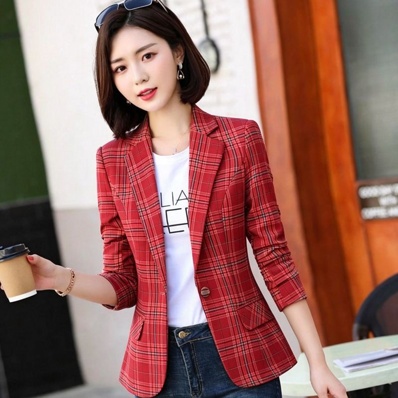 Blazer Women Oversized - 気質チェック柄スーツジャケット女性新作春夏 2026 ファッションブレザーコートレディースショートスリムアウター長袖オーバーウェア