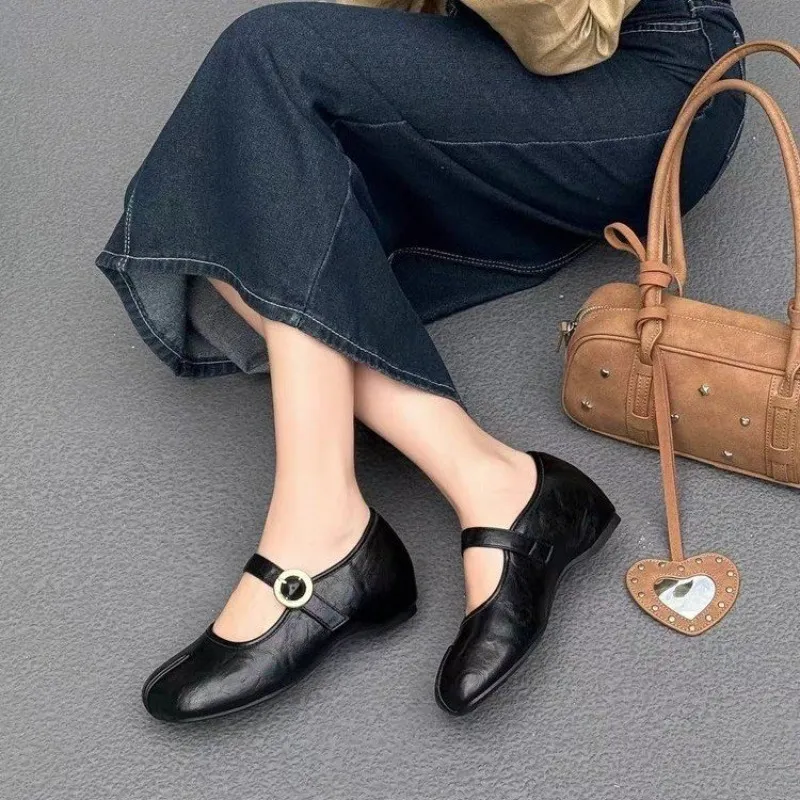 Women Fashion Online - レトロな黒のフラットメリージェーンシューズ、女性用、快適なスリップオン、ラウンドトゥ、バックル付き、ファッショナブル、オールシーズン対応、レザー裏地付きの履物