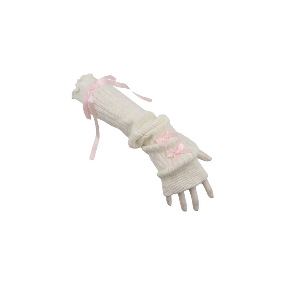 Women'S Fashion Gloves - ストリート弾性ニット弓アームスリーブ Y2K バレエスタイルハーフフィンガーロング手袋韓国スタイル暖かいロング手首手袋ロリータ