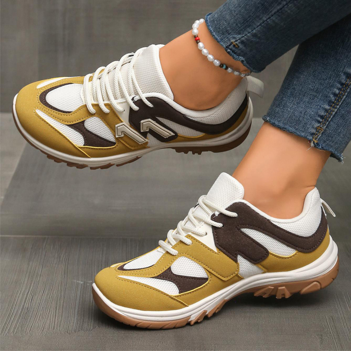 Women'S Yellow Fashion Sneakers - ファッショングレーイエローミックスカラー滑り止めハイキングシューズレディース2025秋通気性レースアップスニーカーコンフォートソフトソールスポーツシューズ