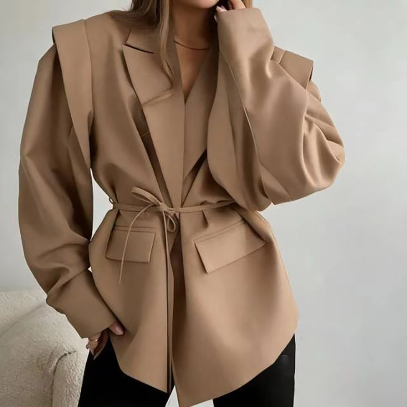 Blazer Women Oversized - 特大ブレザージャケット女性カジュアルソリッドターンダウンカラーレースアップコート秋のファッションデザインストリート通勤オフィスレディジャケット