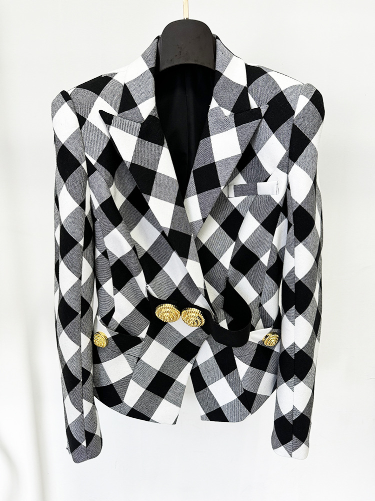 Blazer Women Oversized - ハイストリート最新2026デザイナージャケット レディース ラージメタルバックル 黒白チェック柄 スリムブレザー