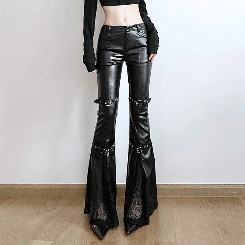 Women'S Y2K Fashion Aesthetic - レディース PU レザー フレア パンツ、ゴシック バックル、レース