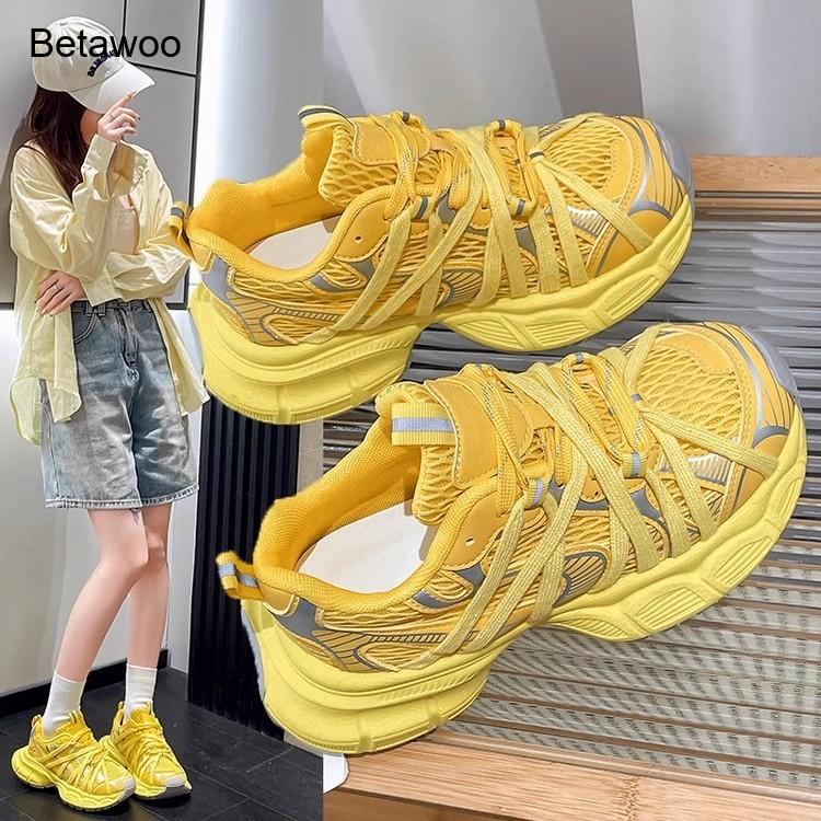 レディースファッションメッシュプラットフォームチャンキースニ - Women'S Yellow Fashion Sneakers のレビューと価格