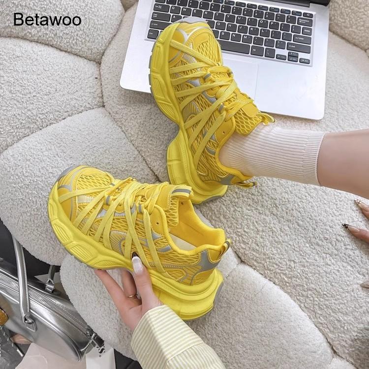 レディースファッションメッシュプラットフォームチャンキースニ - Women'S Yellow Fashion Sneakers のレビューと価格