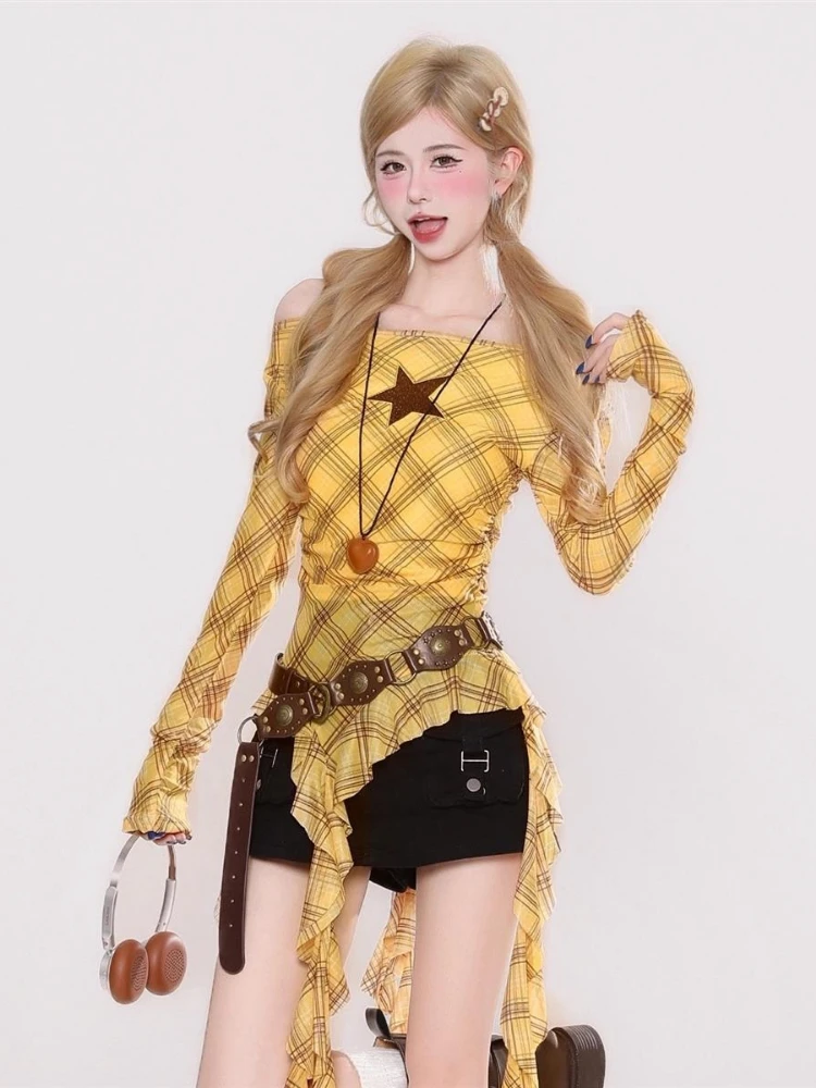 Y2K チェック柄スラッシュネックヴィンテージ T シャツ、 - Women'S Y2K Fashion Aesthetic のレビューと価格
