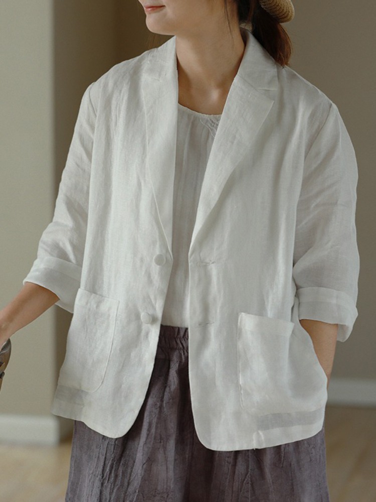 カジュアルルーズレディースリネンスーツジャケットスモールアウ - Blazer Women Oversized のレビューと価格