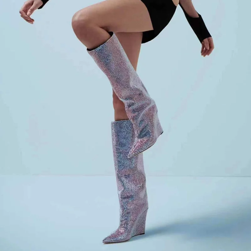 女性用ラインストーンレザーブーツ,膝丈,ウェッジヒール,テー - Women'S Fashion Show 2022 のレビューと価格