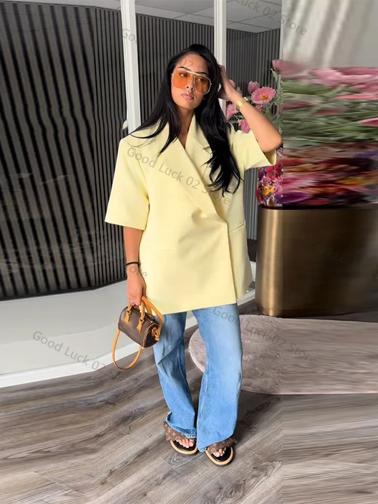 カジュアルレディースブレザーコート半袖ターンダウンカラーポケ - Blazer Women Oversized のレビューと価格