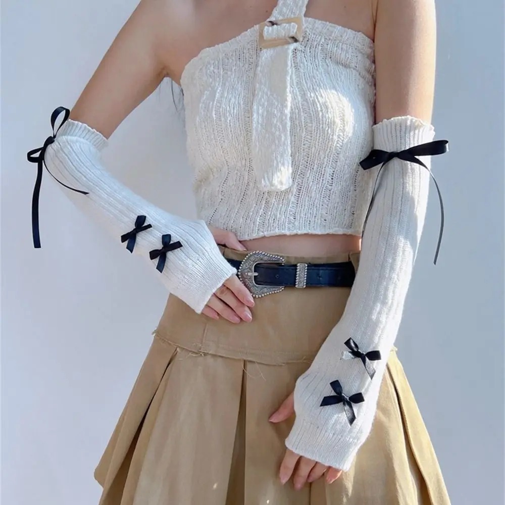 ストリート弾性ニット弓アームスリーブ Y2K バレエスタイル - Women'S Fashion Gloves のレビューと価格