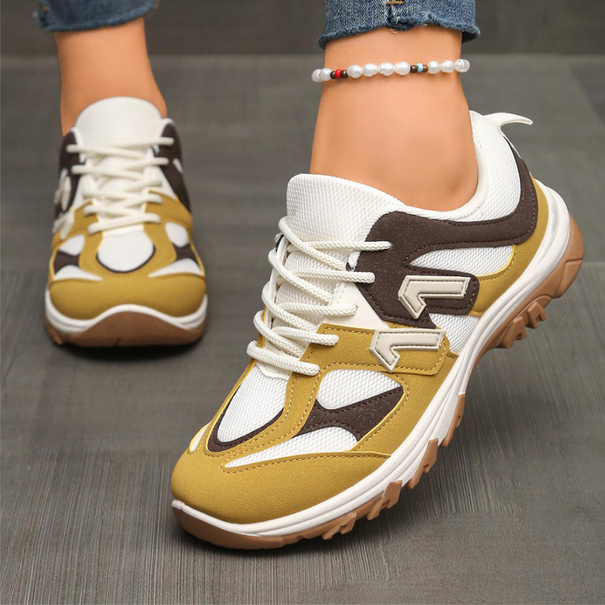 ファッショングレーイエローミックスカラー滑り止めハイキングシ - Women'S Yellow Fashion Sneakers のレビューと価格