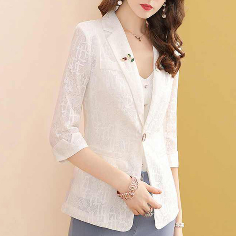 エレガントな無地スプライスポケットレースブレザー婦人服夏の新 - Blazer Women Oversized のレビューと価格